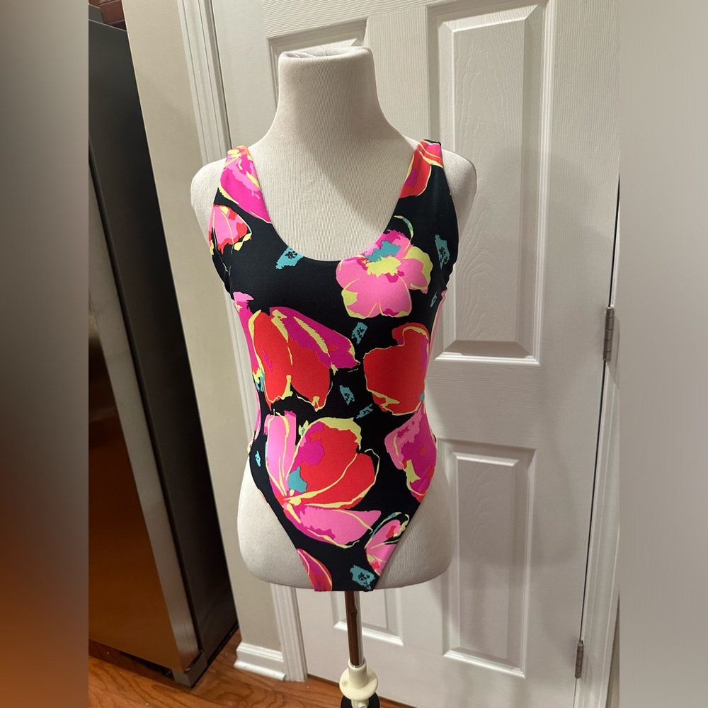 Maaji Black One-Piece Swimsuit with Neon Pink & Red Floral Print new never worn